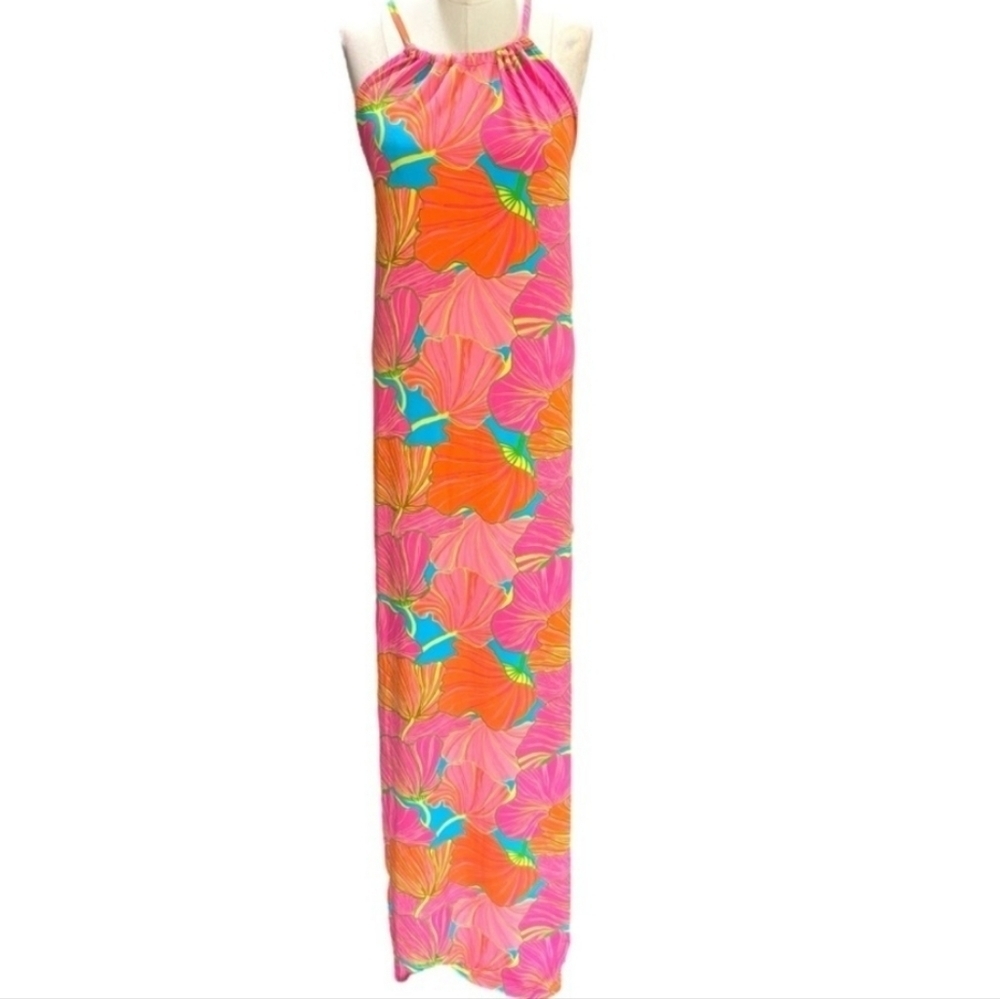 Trina Turk Milan Gingko Floral Drawstring Halter Neck Maxi Dress NEW